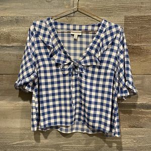 Topshop Royal blue checkered cropped blouse with ruffle detail